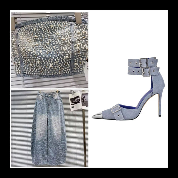 Women Pearl Strapless Tube Top Fashion Denim Two Piece Pant Set