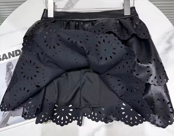 Women Fashion Ruffled Faux Leather Jacket Two Piece Skirt Set