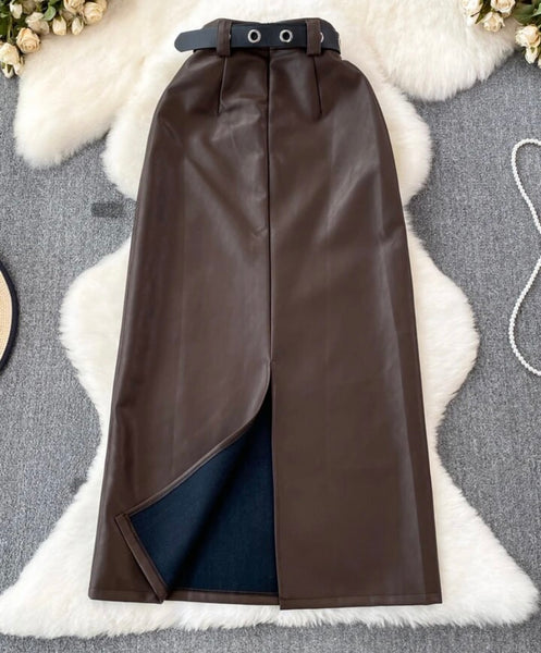 Women Solid Color Fashion Faux Leather Maxi Skirt