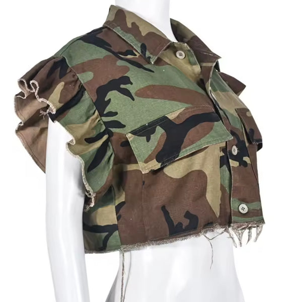Women Fashion Camouflage Button Up Ruffled Short Sleeve Top
