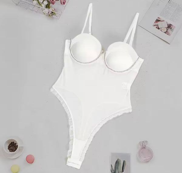 Women Sexy White Bling Mesh Bodysuit Lingerie