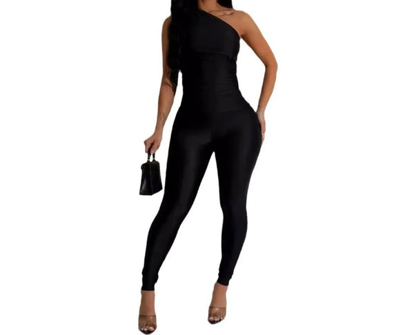 Women Sexy Solid Color One Shoulder Sleeveless Jumpsuit