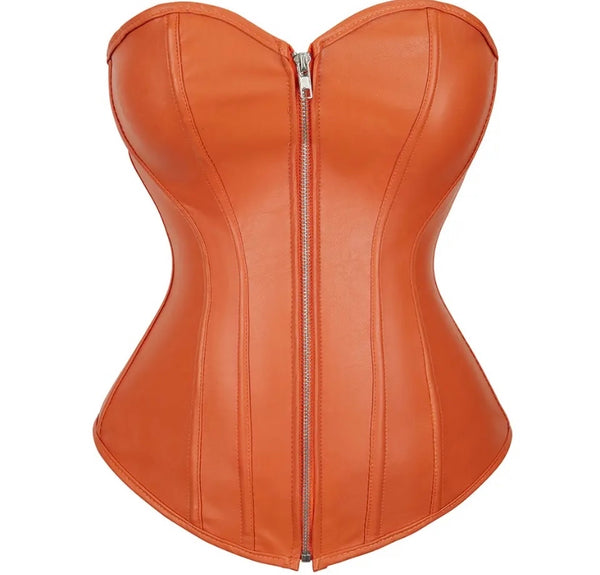 Women Fashion Faux Leather Zipper Strapless Corset Top