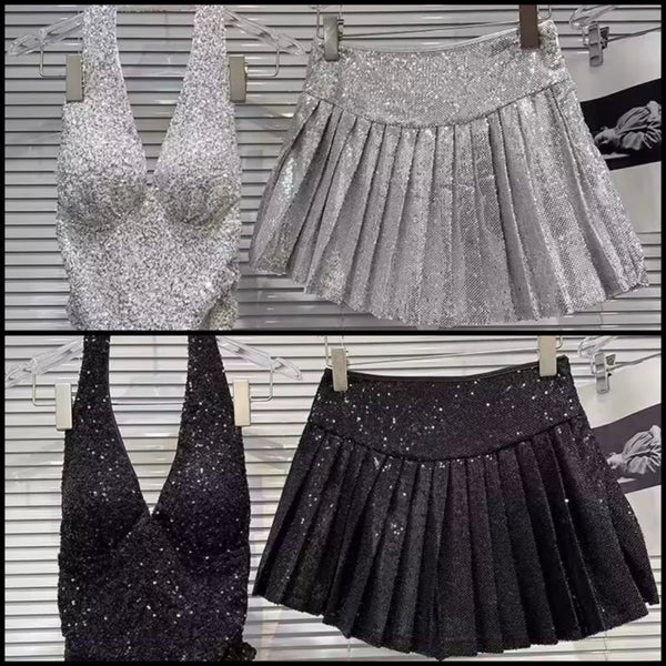 Women Sexy Sequins Halter Sleeveless Two Piece Pleated Skirt Set