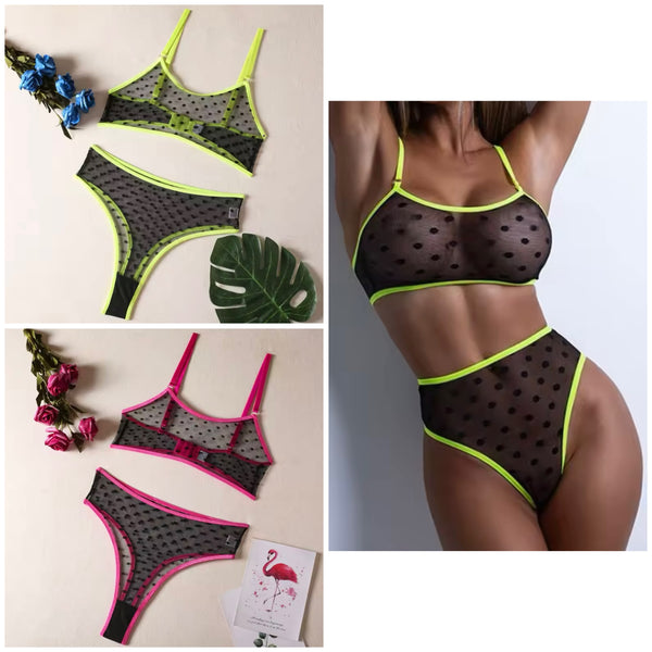 Women Sexy Neon Black Polka Dot Mesh Lingerie Set