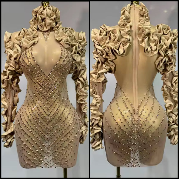 Women Gold Ruffled Rhinestone Full Sleeve Mesh Dress