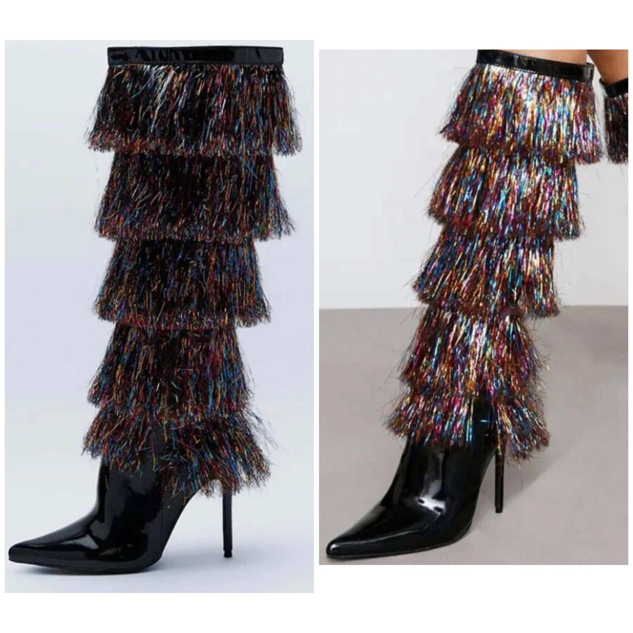 Women Fashion Pointed Toe Multicolored Fringe Knee High Boots