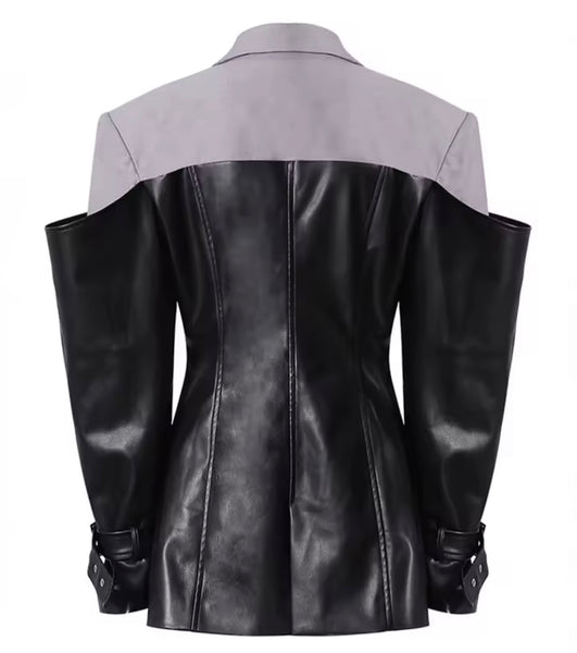 Women Fashion Color Patchwork Faux Leather Button Up Blazer Jacket