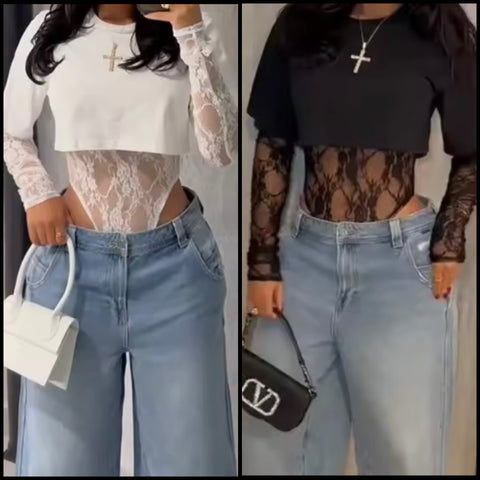Women Fashion Lace Patchwork Full Sleeve Bodysuit Top