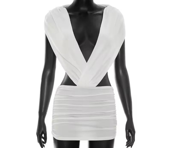 Women Sexy Deep V-Neck Open Back Sleeveless Ruched Dress