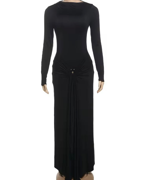Women Sexy Solid Color Tassel Full Sleeve Maxi Dress