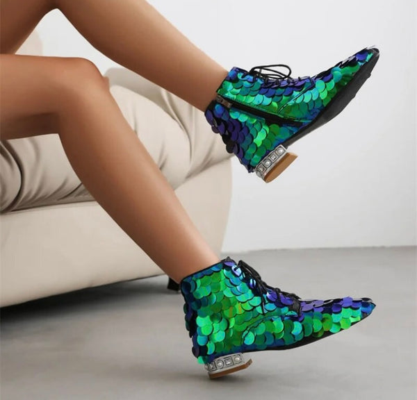 Women Fashion Lace Up Sequins Ankle Boots