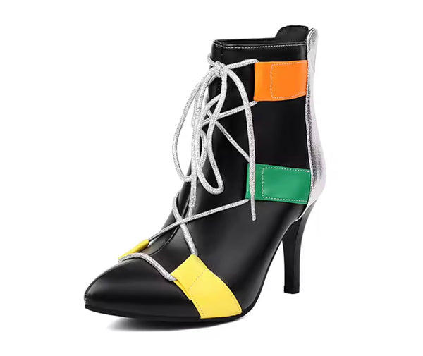 Women Fashion Color Striped Lace Up Ankle Boots