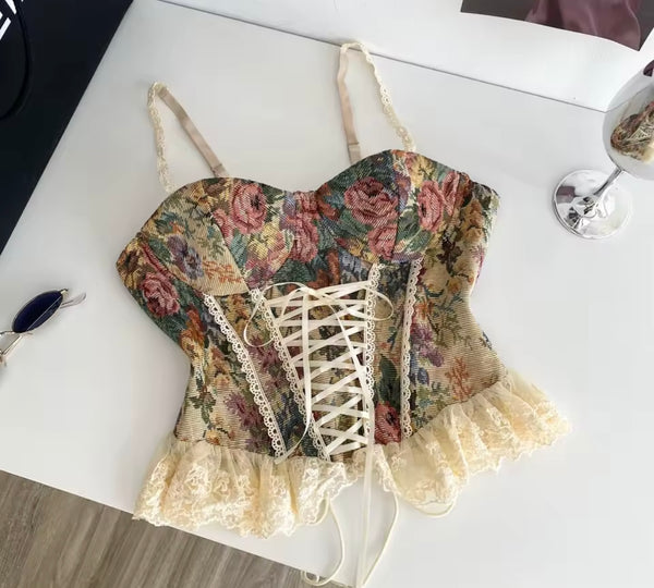 Women Sleeveless Floral Ruffled Corset Top
