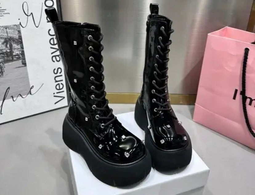 Women Fashion Platform Rhinestone Lace Up Ankle/Mid-Calf Boots