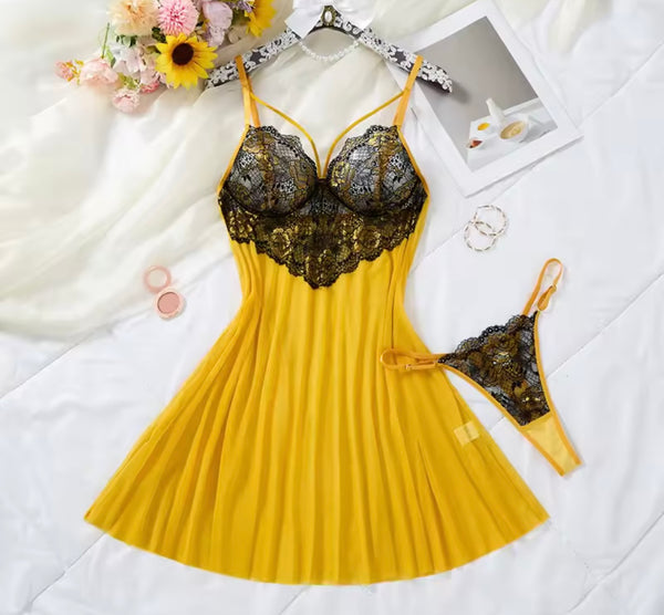 Women Sexy Yellow Lace Patchwork Nightgown Lingerie Set