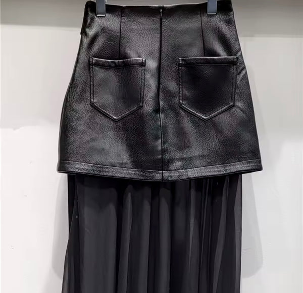 Women Fashion Black Faux Leather Mesh Patchwork Maxi Skirt