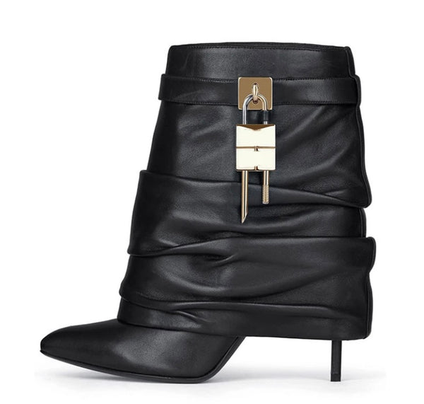 Women Fashion Pointed Toe Ruched Buckled Lock Ankle Boots