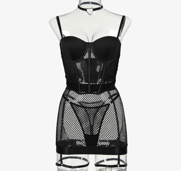 Women Sexy Black Choker Netted Lingerie Set