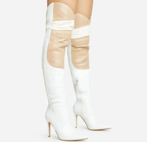 Women Pointed Toe Color Patchwork Over The Knee High Heel Boots