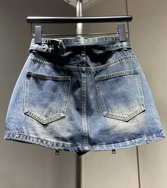 Women Fashion Buckled Zipper Denim Skirt