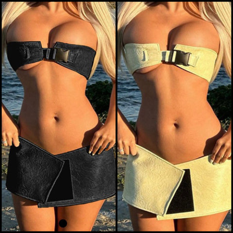 Women Sexy Fashion PU Strapless Buckled Two Piece Skirt Set