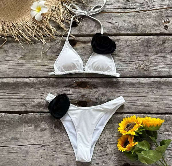 Women Sexy Color 3D Floral Halter Bikini Swimsuit