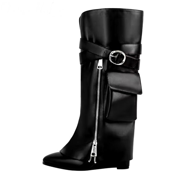 Women Black Zipper Detachable Buckled Pocket Knee High Boots