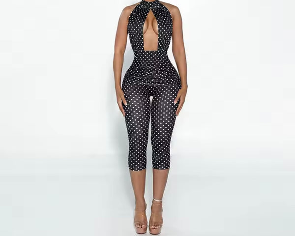 Women Halter Open Back Sexy Sleeveless Polka Dot Jumpsuit