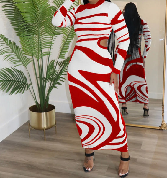 Women Sexy Printed Full Sleeve Side Cut Out Maxi Dress