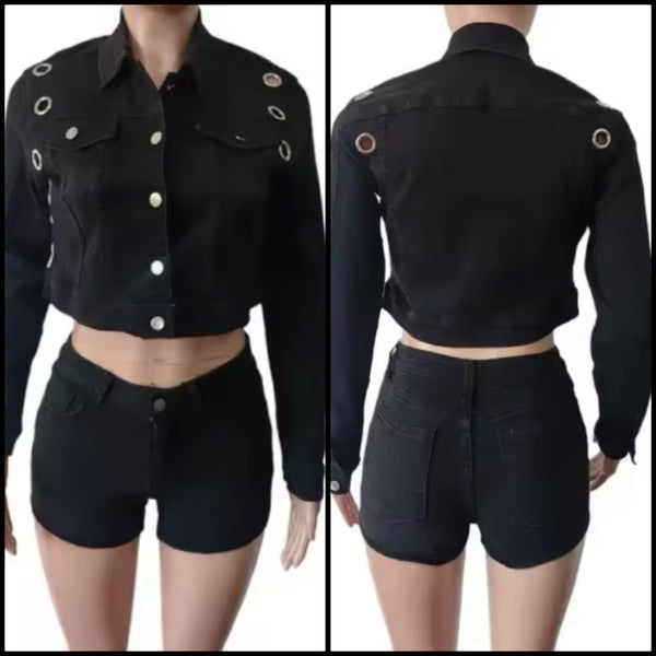 Women Black Button Up Metal Denim Jacket Two Piece Short Set