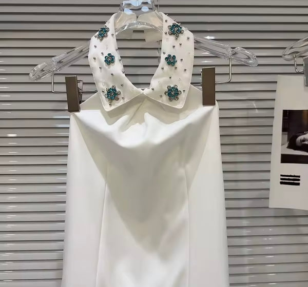 Women Sexy Bling Halter Sleeveless White Ruffled Dress