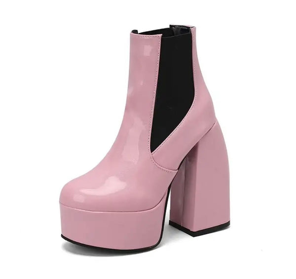 Women Fashion Round Toe Platform Patent Leather Ankle Boots