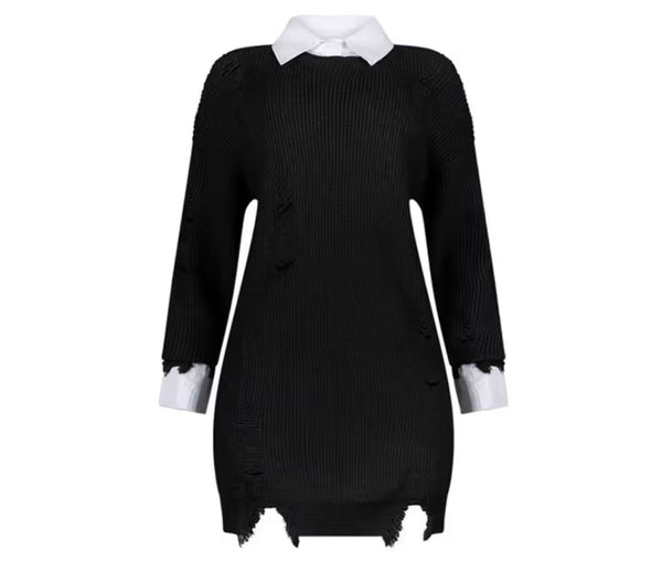 Women B&W Collar Full Sleeve Fashion Sweater Dress