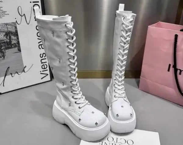 Women Fashion Platform Rhinestone Lace Up Ankle/Mid-Calf Boots