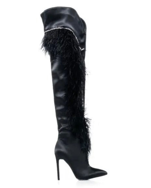 Women Black Fashion Bling Faux Fur Patchwork Knee High Boots