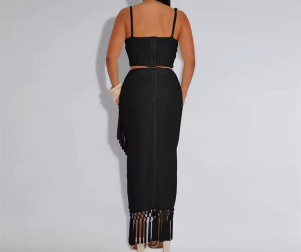 Women Sexy Chain Sleeveless Fringe Two Piece Maxi Skirt Set