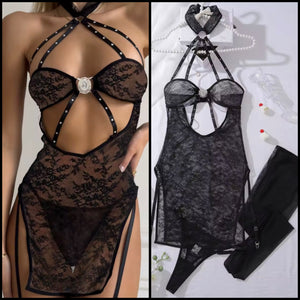 Women Sexy Halter Sleeveless Black Bling Lace Lingerie Set