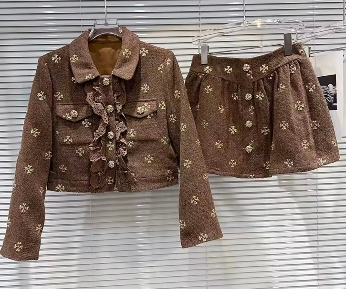 Women Brown Sequins Full Sleeve Blazer Two Piece Skirt Set