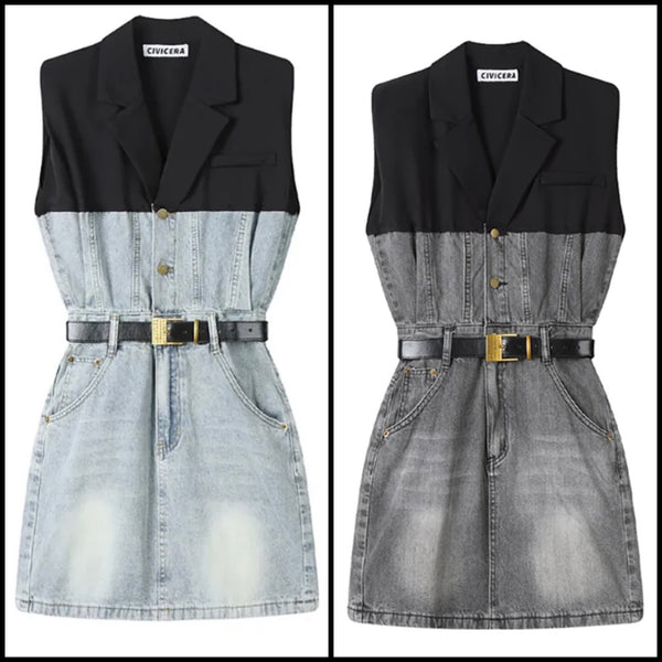 Women Button Up Sleeveless Color Patchwork Belted Denim Dress
