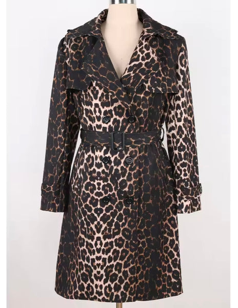 Women Fashion Leopard Belted Trench Jacket