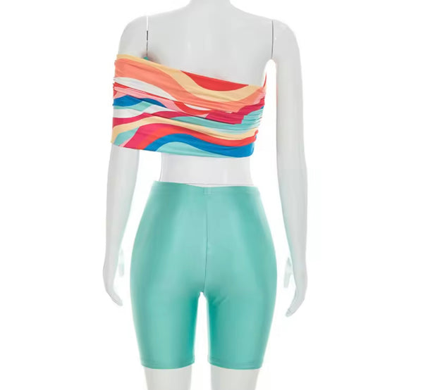 Women Off The Shoulder Colorful Crop Two Piece Short Set