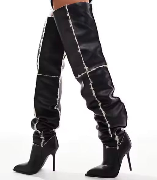 Women Pointed Toe Plush Leather Over The Knee High Heel Boots