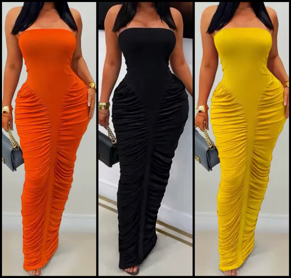 Women Sexy Strapless Ruched Maxi Dress