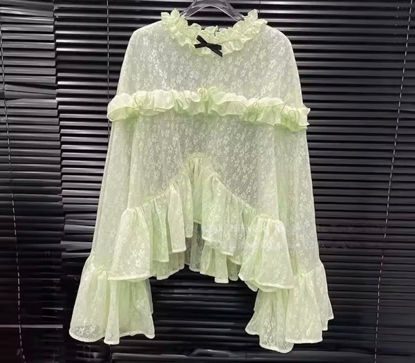 Women Ruffled Lace Full Sleeve Two Piece Short Set