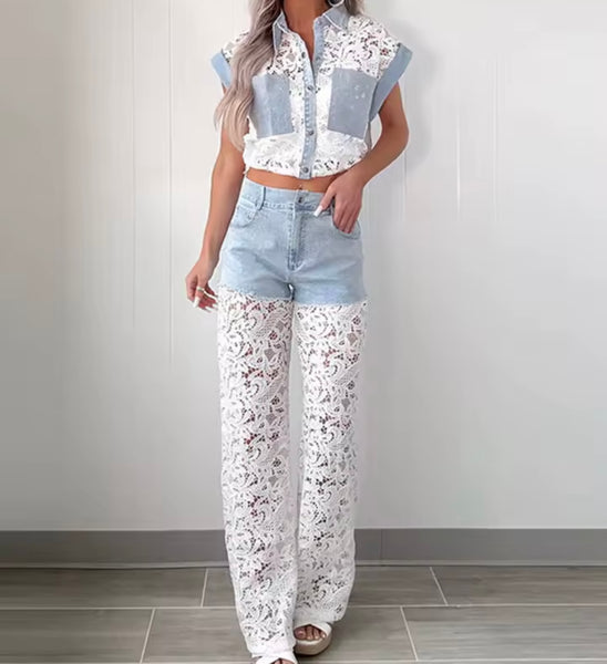 Women Fashion Denim Lace Patchwork Two Piece Pant Set