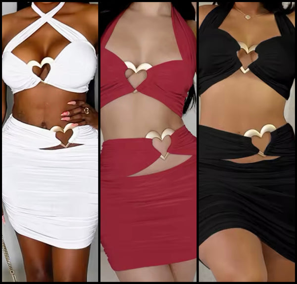 Women Sexy Halter Heart Sleeveless Two Piece Skirt Set