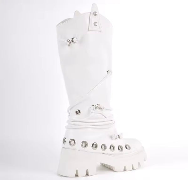 Women White Metal Ring Fashion Flat Knee High Boots