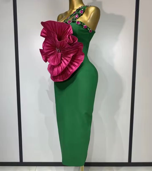 Women Green One Shoulder Crystal Sleeveless Pink Floral Dress