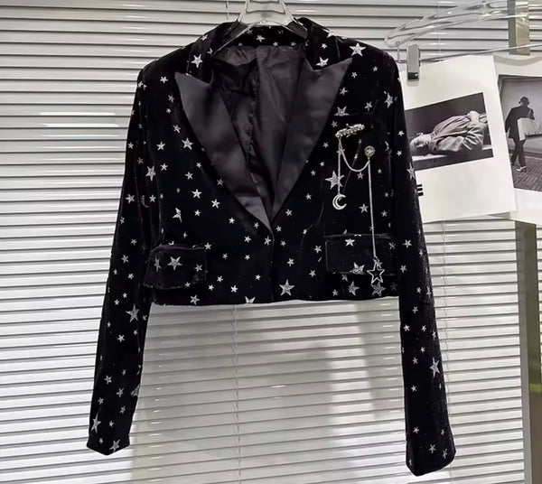 Women Black Velvet Printed Blazer Two Piece Short Set